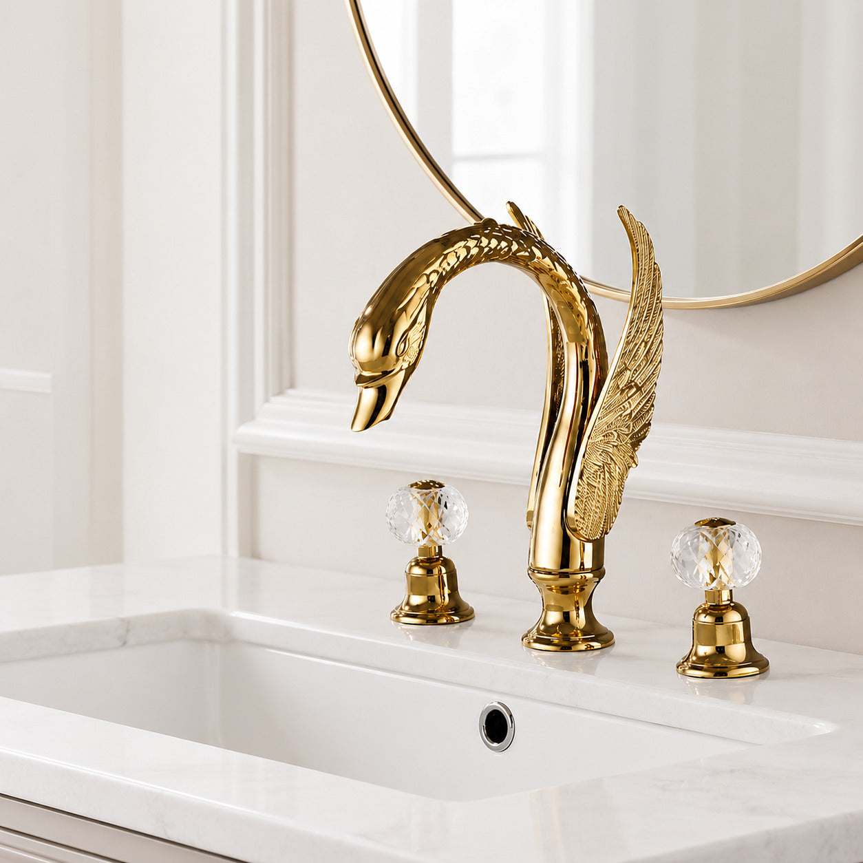 Polished Gold Swan Widespread Bathroom Faucet, Traditional Dual-Handle Basin Faucet with Crystal Knob Handles