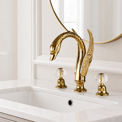 Polished Gold Swan Widespread Bathroom Faucet, Traditional Dual-Handle Basin Faucet with Crystal Knob Handles