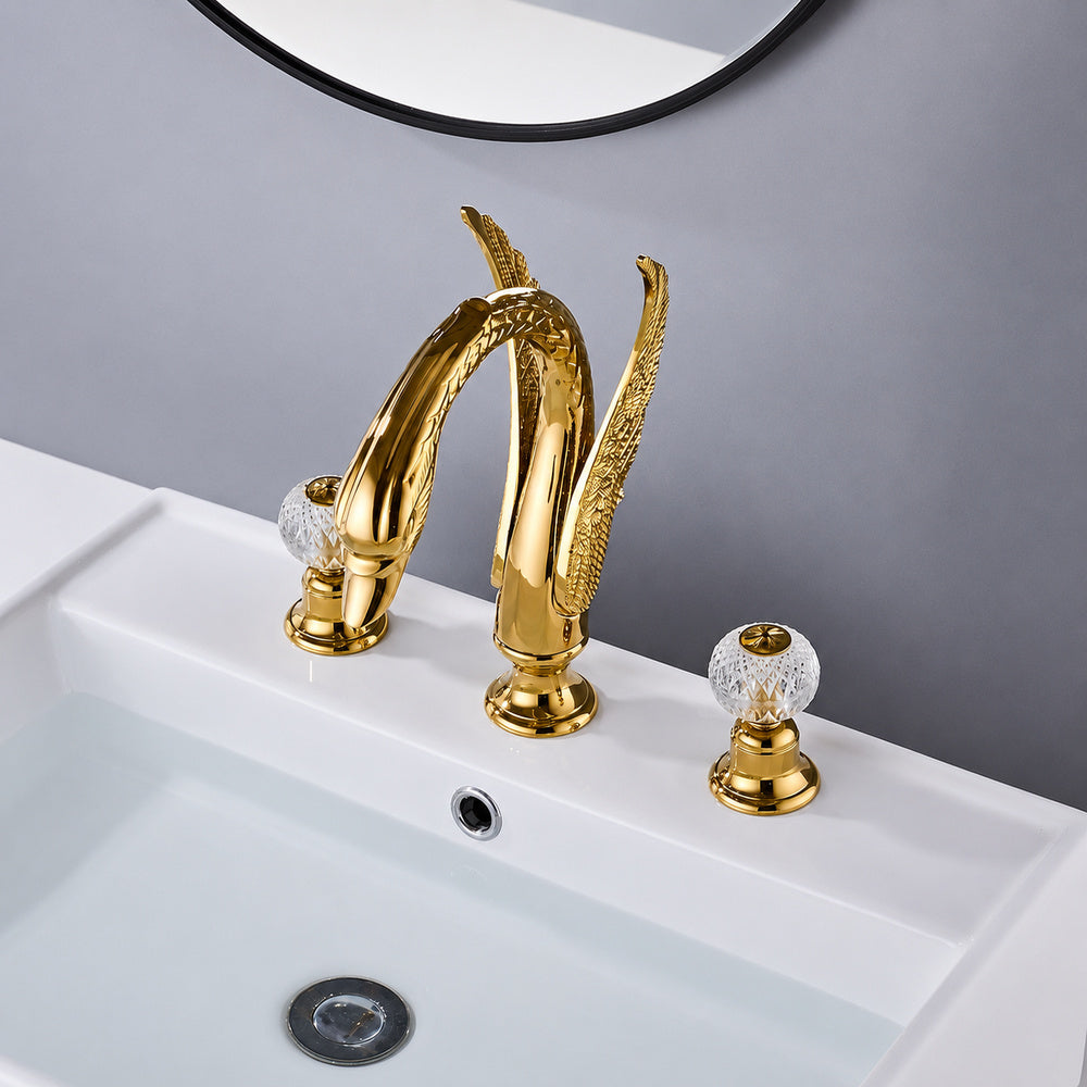 Polished Gold Swan Widespread Bathroom Faucet, Traditional Dual-Handle Basin Faucet with Crystal Knob Handles