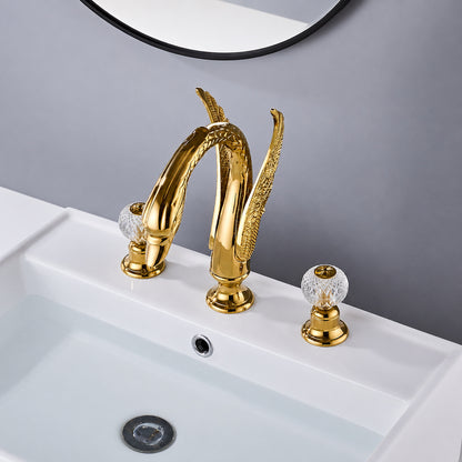 Polished Gold Swan Widespread Bathroom Faucet, Traditional Dual-Handle Basin Faucet with Crystal Knob Handles