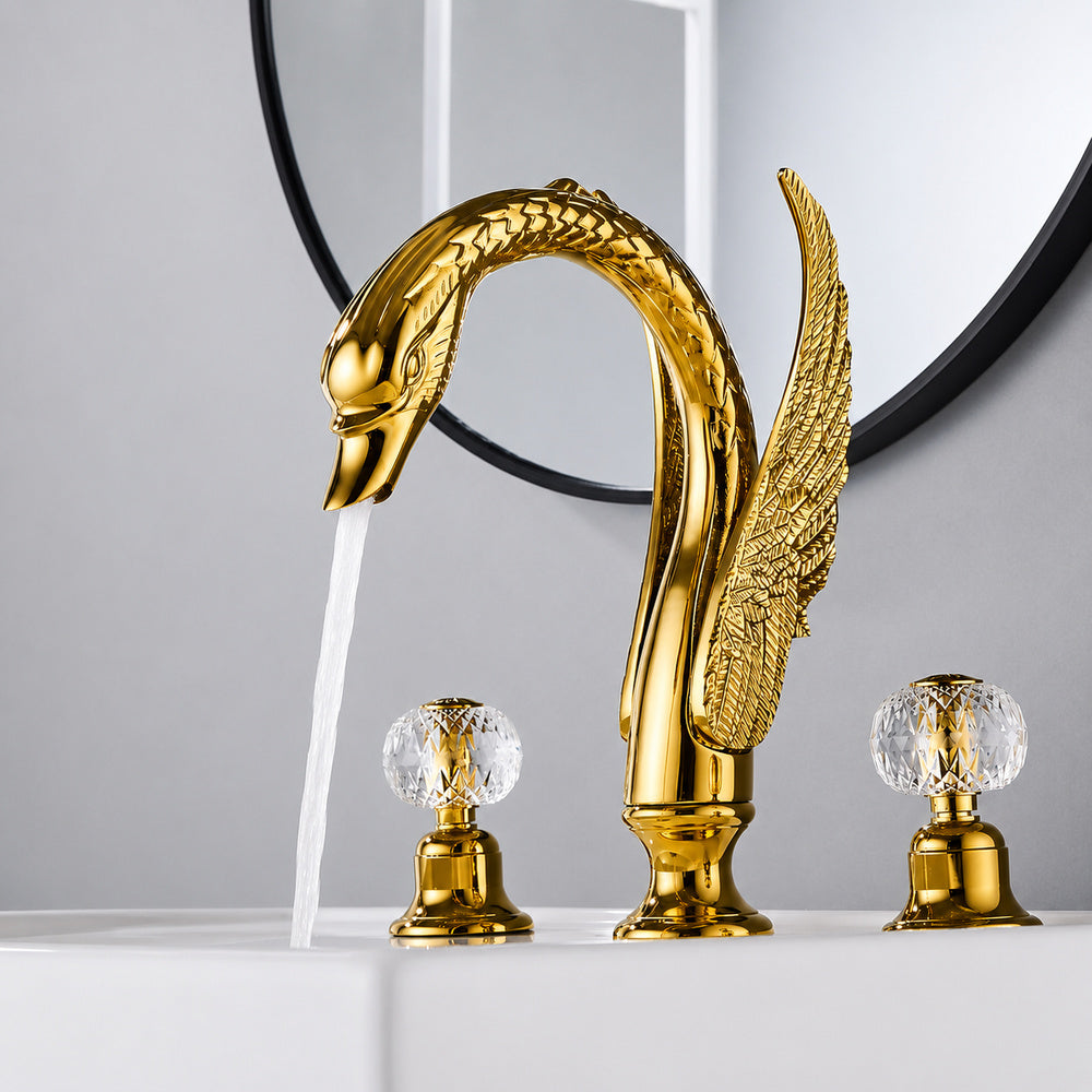 Polished Gold Swan Widespread Bathroom Faucet, Traditional Dual-Handle Basin Faucet with Crystal Knob Handles