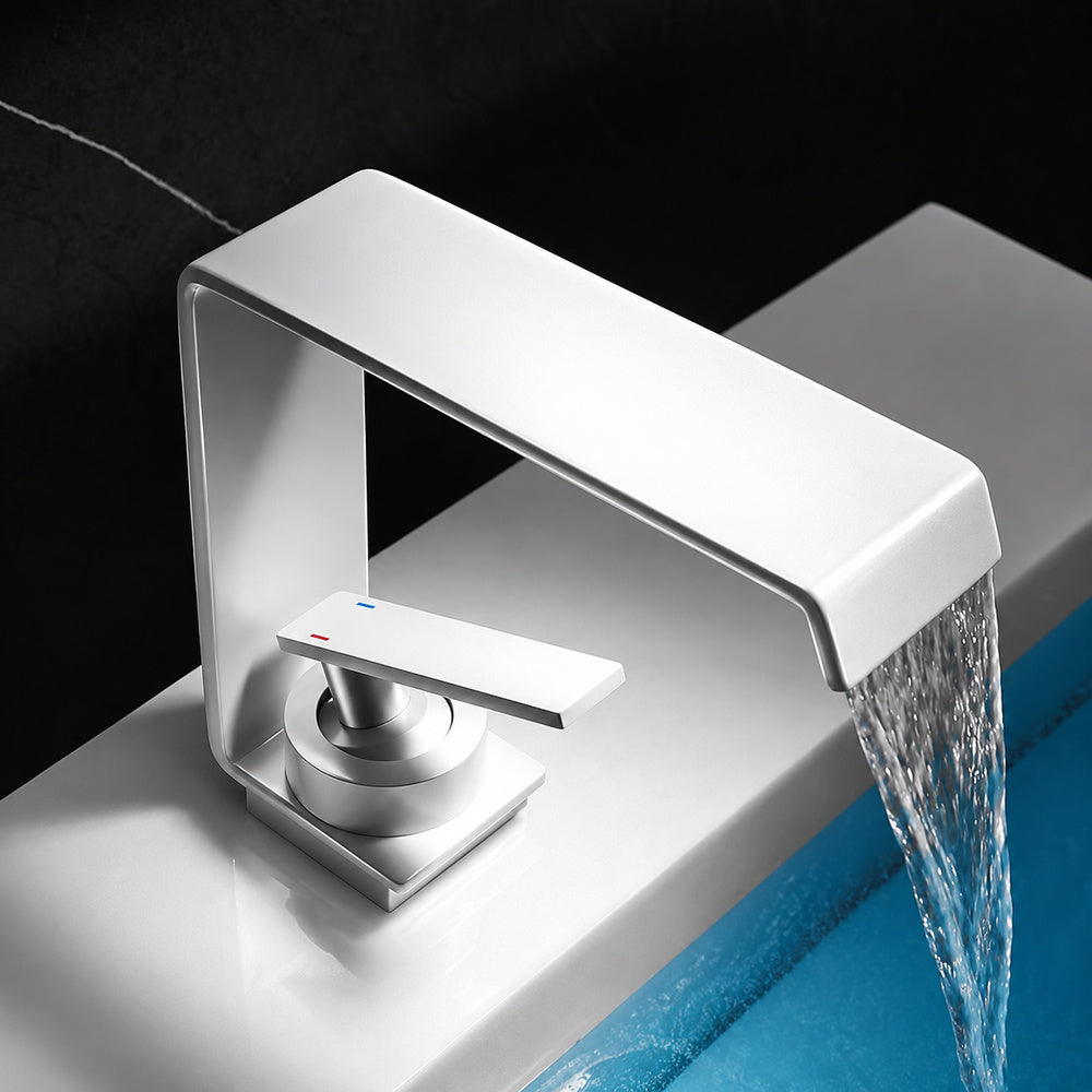Modern Waterfall Bathroom Faucet, Single-Handle Single-Hole Brass Faucet, Chrome / Matte Black / Gunmetal / Matte White