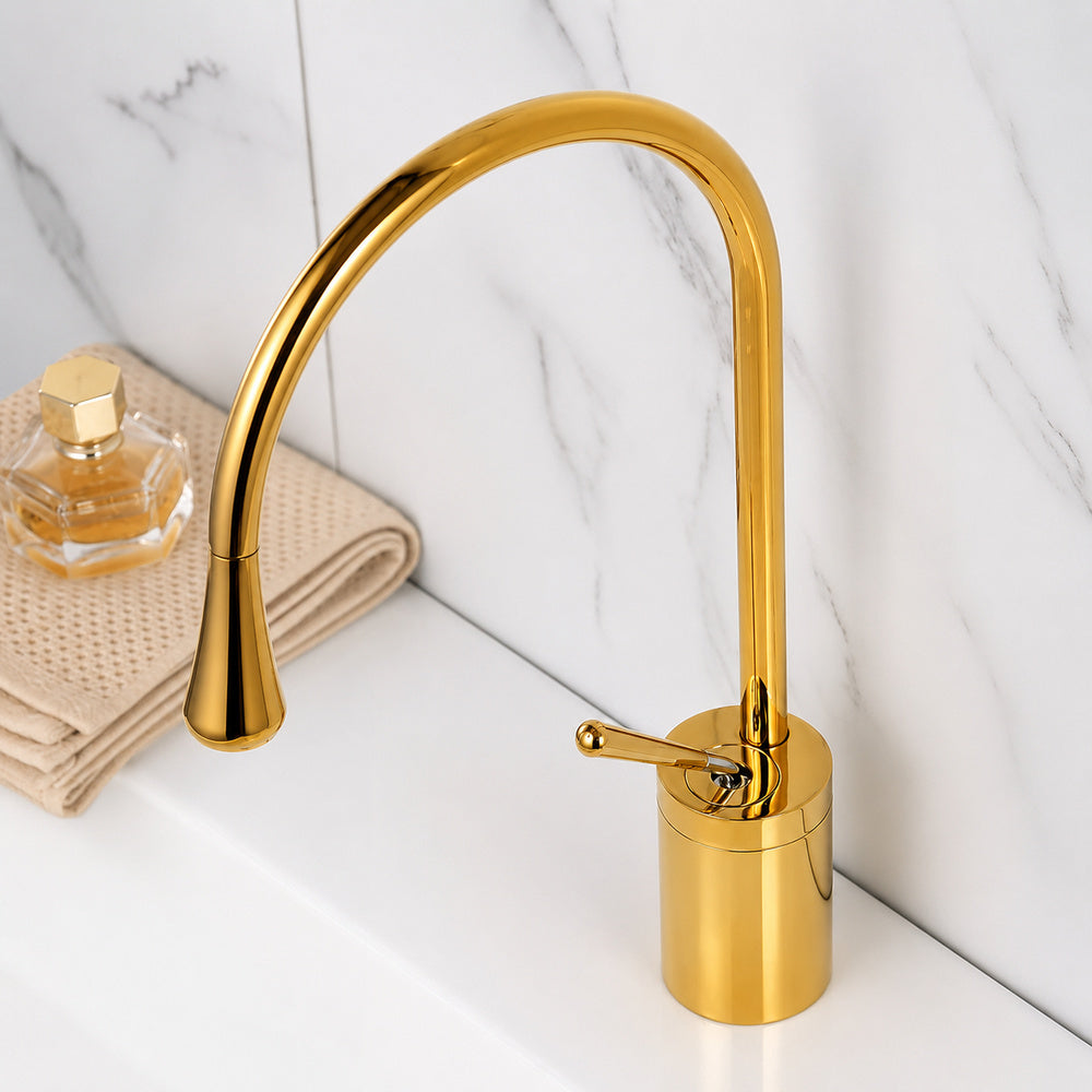 Modern High-Arc Bathroom Faucet, Single-Handle Brass Faucet, Matte Black / Brushed Gold / Chrome