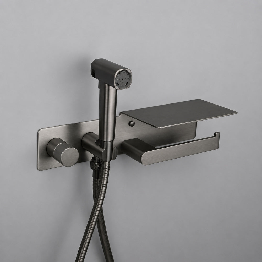 Self-Cleaning Wall-Mounted Bidet Sprayer Faucet, Single-Handle Concealed Valve Spray Set with Toilet Paper Holder / Storage Shelf, Matte Black / Brushed Gold / Chrome / Gunmetal