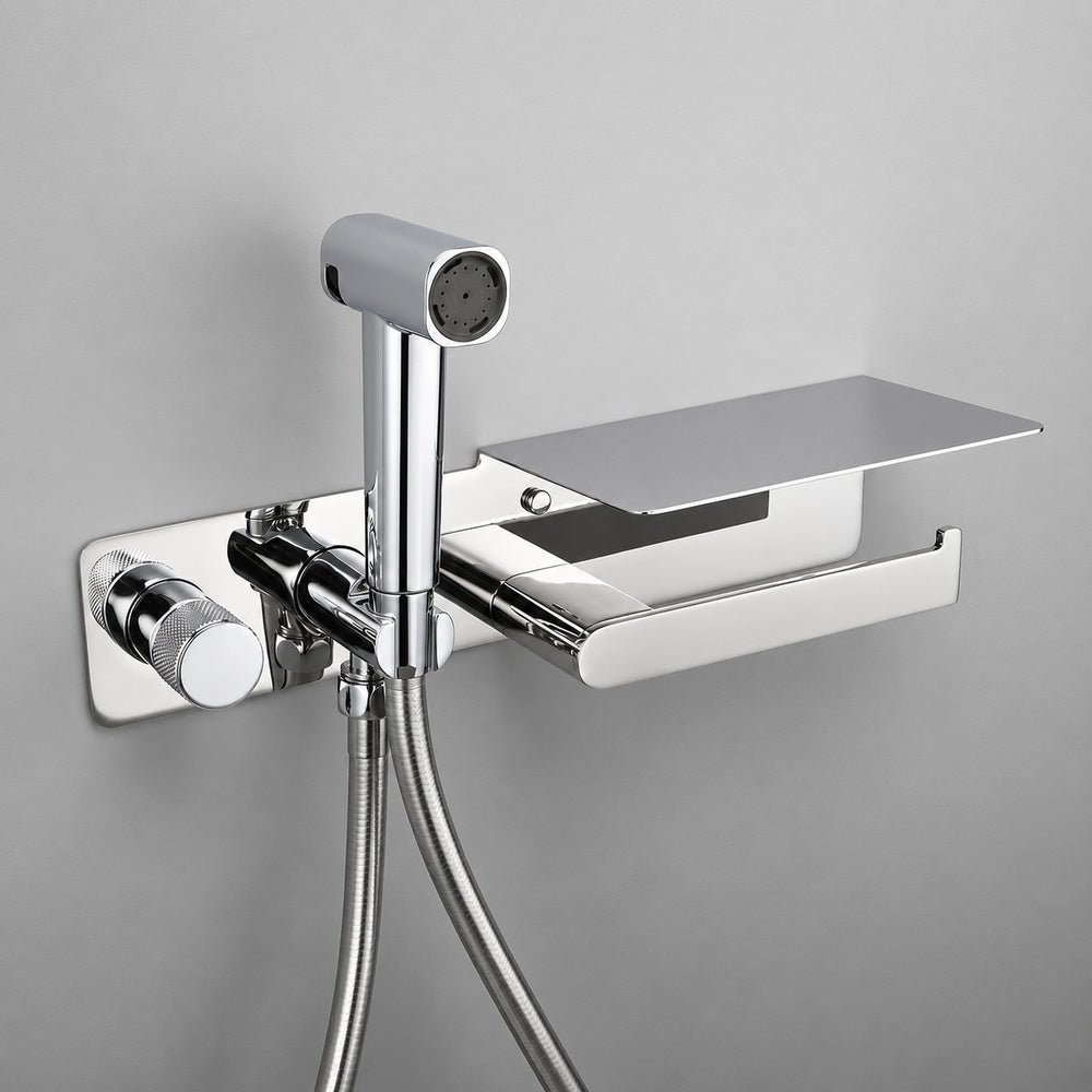 Self-Cleaning Wall-Mounted Bidet Sprayer Faucet, Single-Handle Concealed Valve Spray Set with Toilet Paper Holder / Storage Shelf, Matte Black / Brushed Gold / Chrome / Gunmetal