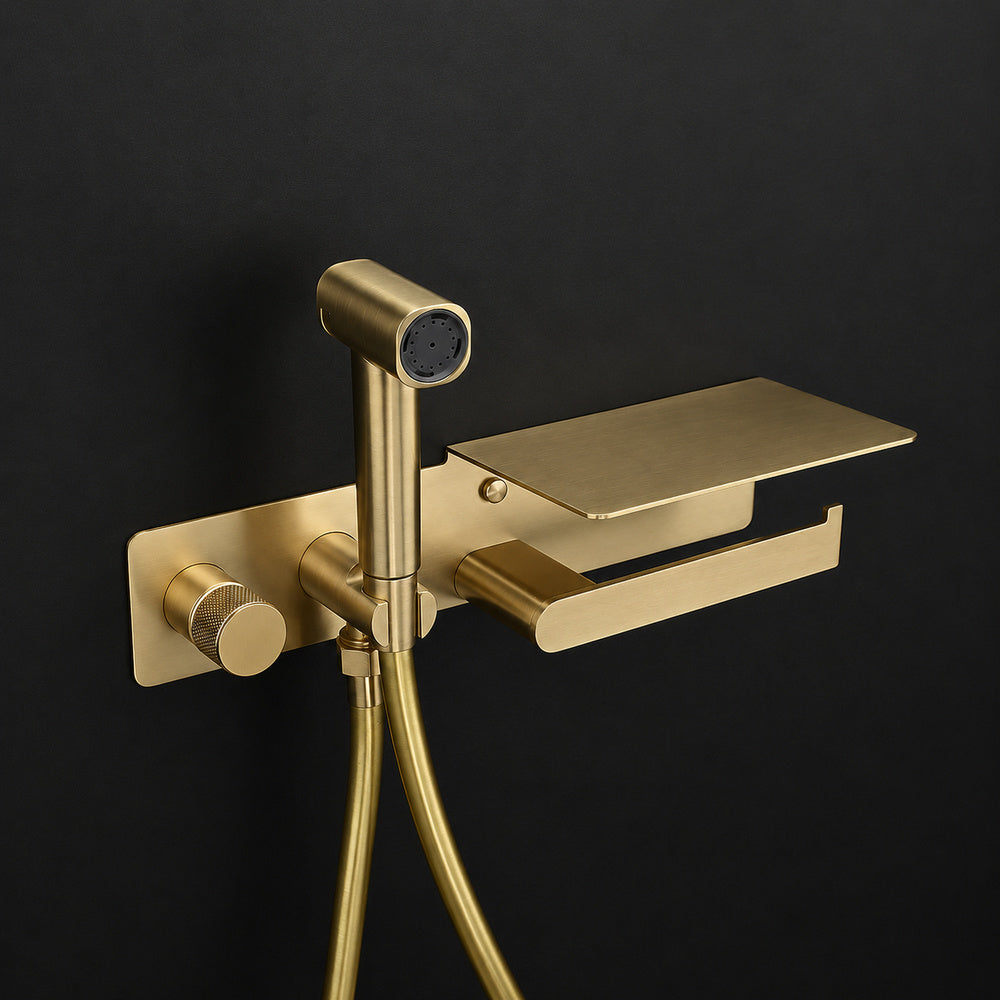 Self-Cleaning Wall-Mounted Bidet Sprayer Faucet, Single-Handle Concealed Valve Spray Set with Toilet Paper Holder / Storage Shelf, Matte Black / Brushed Gold / Chrome / Gunmetal