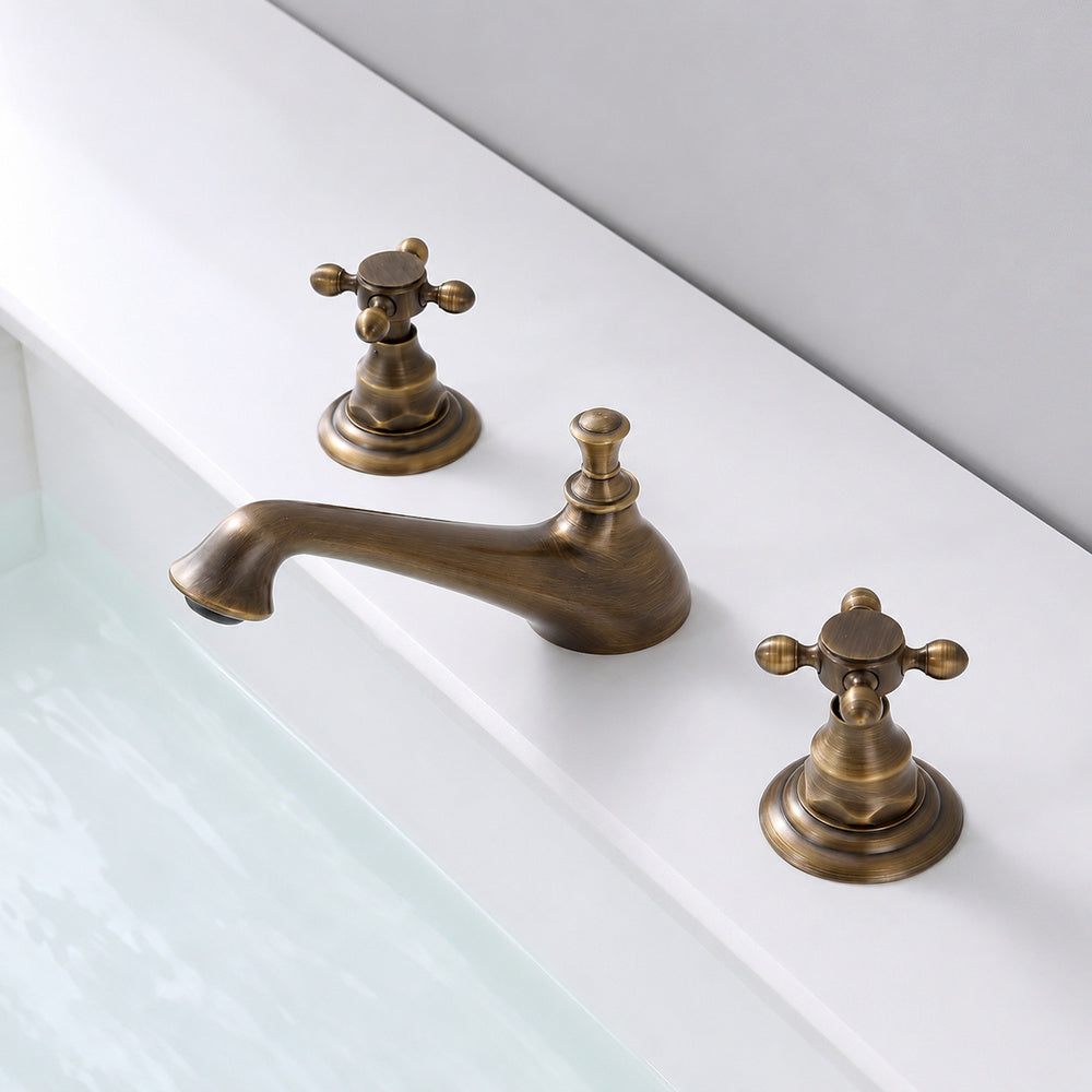 Antique Brass Retro Bathroom Faucet, 3-Hole Widespread Double-Handle Faucet