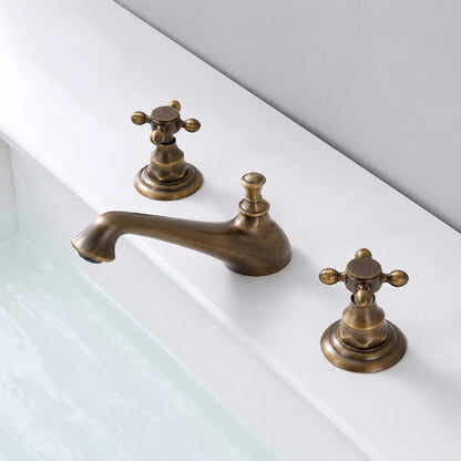 Antique Brass Retro Bathroom Faucet, 3-Hole Widespread Double-Handle Faucet