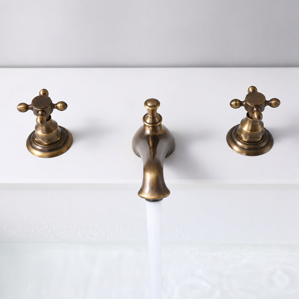 Antique Brass Retro Bathroom Faucet, 3-Hole Widespread Double-Handle Faucet