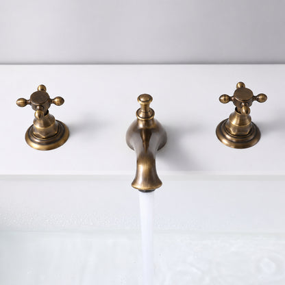 Antique Brass Retro Bathroom Faucet, 3-Hole Widespread Double-Handle Faucet