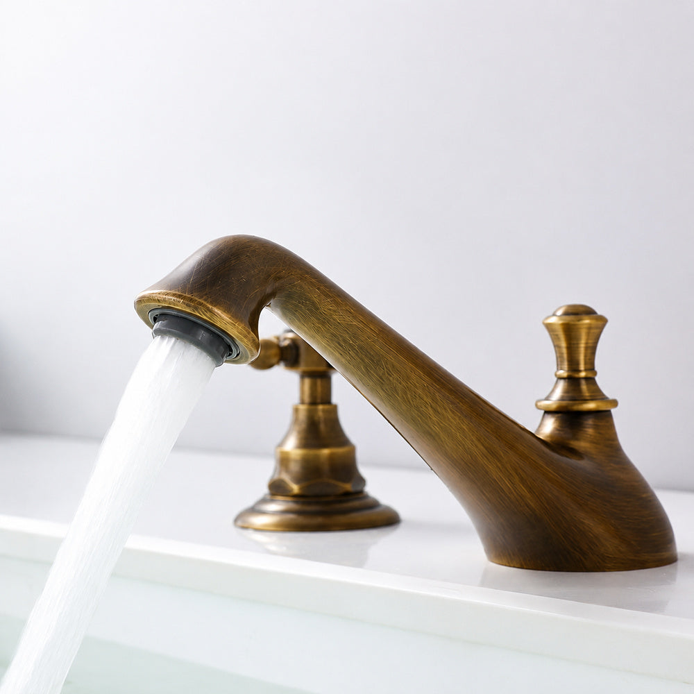 Antique Brass Retro Bathroom Faucet, 3-Hole Widespread Double-Handle Faucet