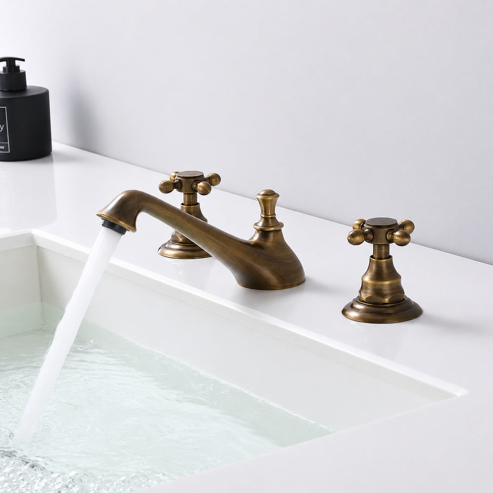 Antique Brass Retro Bathroom Faucet, 3-Hole Widespread Double-Handle Faucet