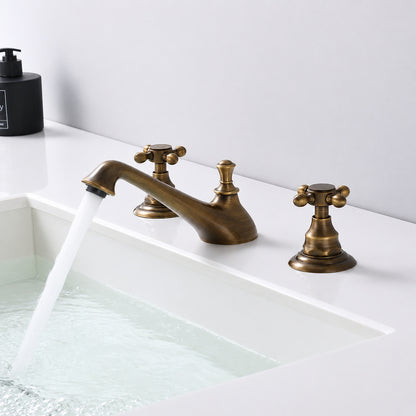 Antique Brass Retro Bathroom Faucet, 3-Hole Widespread Double-Handle Faucet