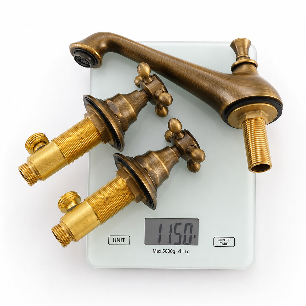 Antique Brass Retro Bathroom Faucet, 3-Hole Widespread Double-Handle Faucet