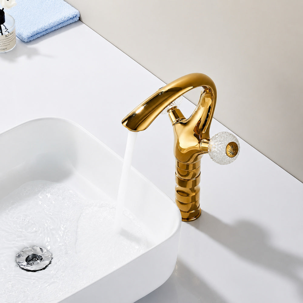 Polished Gold Single-Hole Bathroom Faucet, Modern Dual-Handle Faucet with Crystal Knob Handles