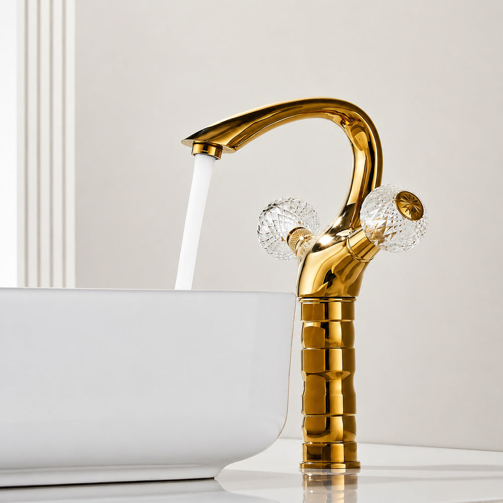 Polished Gold Single-Hole Bathroom Faucet, Modern Dual-Handle Faucet with Crystal Knob Handles