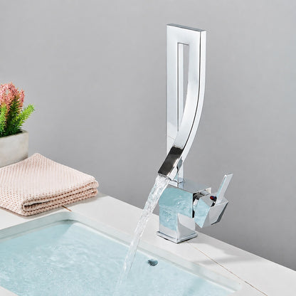 Waterfall Single-Hole Bathroom Faucet, Modern Single-Handle Brass Faucet, Chrome / Matte Black / Polished Gold