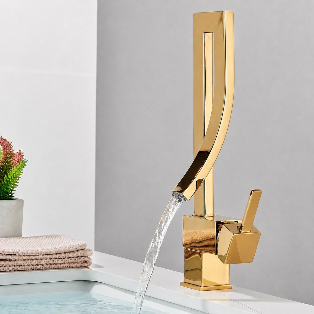 Waterfall Single-Hole Bathroom Faucet, Modern Single-Handle Brass Faucet, Chrome / Matte Black / Polished Gold