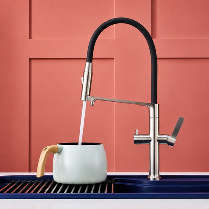 3-in-1 Pull-Down Kitchen Faucet with Drinking Water Spout, Dual-Handle Brass Kitchen Sink Faucet, Chrome / Brushed Gold / Gunmetal