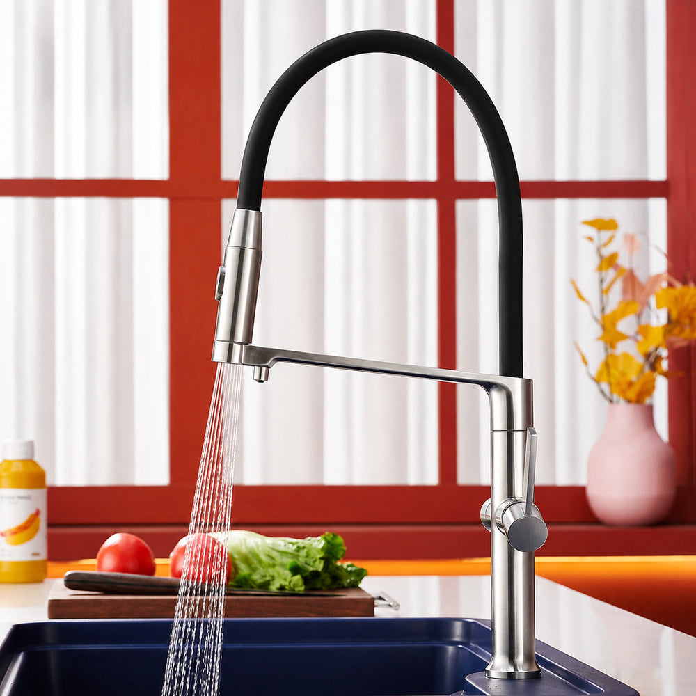 3-in-1 Pull-Down Kitchen Faucet with Drinking Water Spout, Dual-Handle Brass Kitchen Sink Faucet, Chrome / Brushed Gold / Gunmetal
