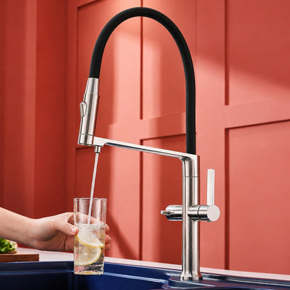 3-in-1 Pull-Down Kitchen Faucet with Drinking Water Spout, Dual-Handle Brass Kitchen Sink Faucet, Chrome / Brushed Gold / Gunmetal