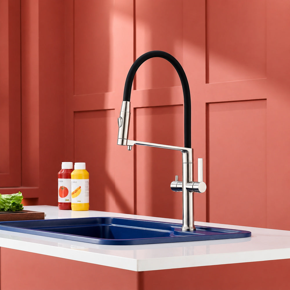 3-in-1 Pull-Down Kitchen Faucet with Drinking Water Spout, Dual-Handle Brass Kitchen Sink Faucet, Chrome / Brushed Gold / Gunmetal