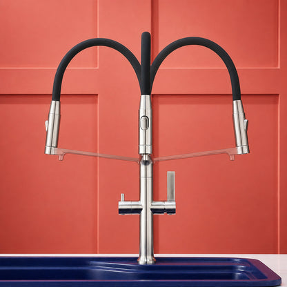 3-in-1 Pull-Down Kitchen Faucet with Drinking Water Spout, Dual-Handle Brass Kitchen Sink Faucet, Chrome / Brushed Gold / Gunmetal