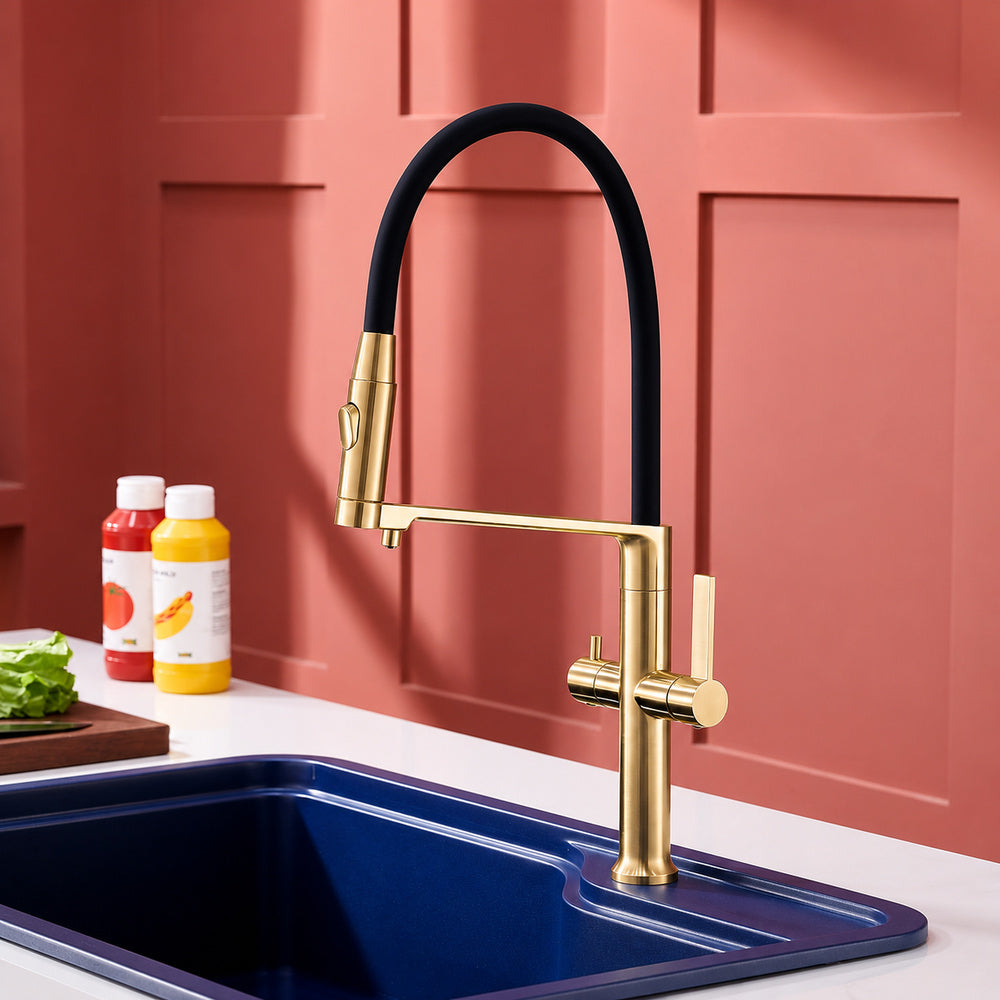 3-in-1 Pull-Down Kitchen Faucet with Drinking Water Spout, Dual-Handle Brass Kitchen Sink Faucet, Chrome / Brushed Gold / Gunmetal