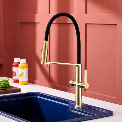 3-in-1 Pull-Down Kitchen Faucet with Drinking Water Spout, Dual-Handle Brass Kitchen Sink Faucet, Chrome / Brushed Gold / Gunmetal