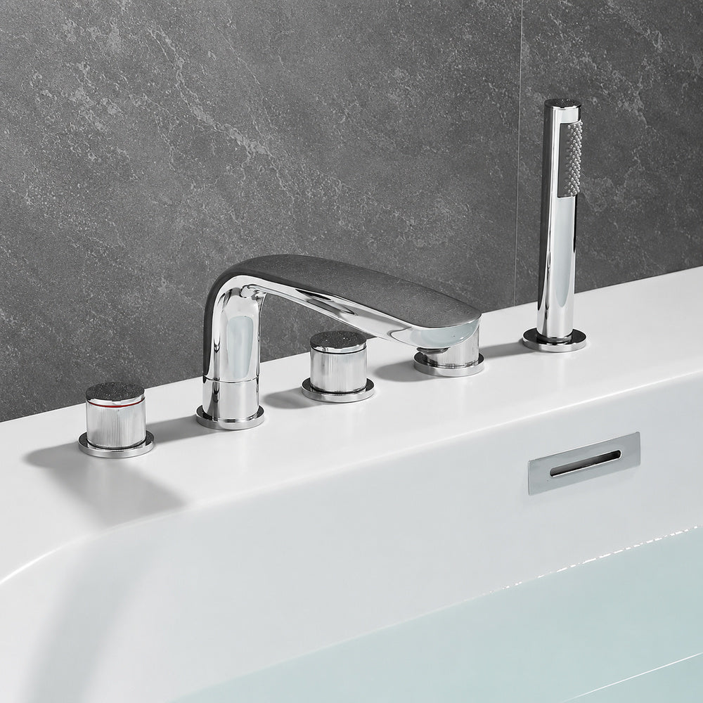 Chrome Modern Deck-Mount Tub Filler Faucet, 3-Handle 5-Hole Roman Tub Faucet with Handheld Shower