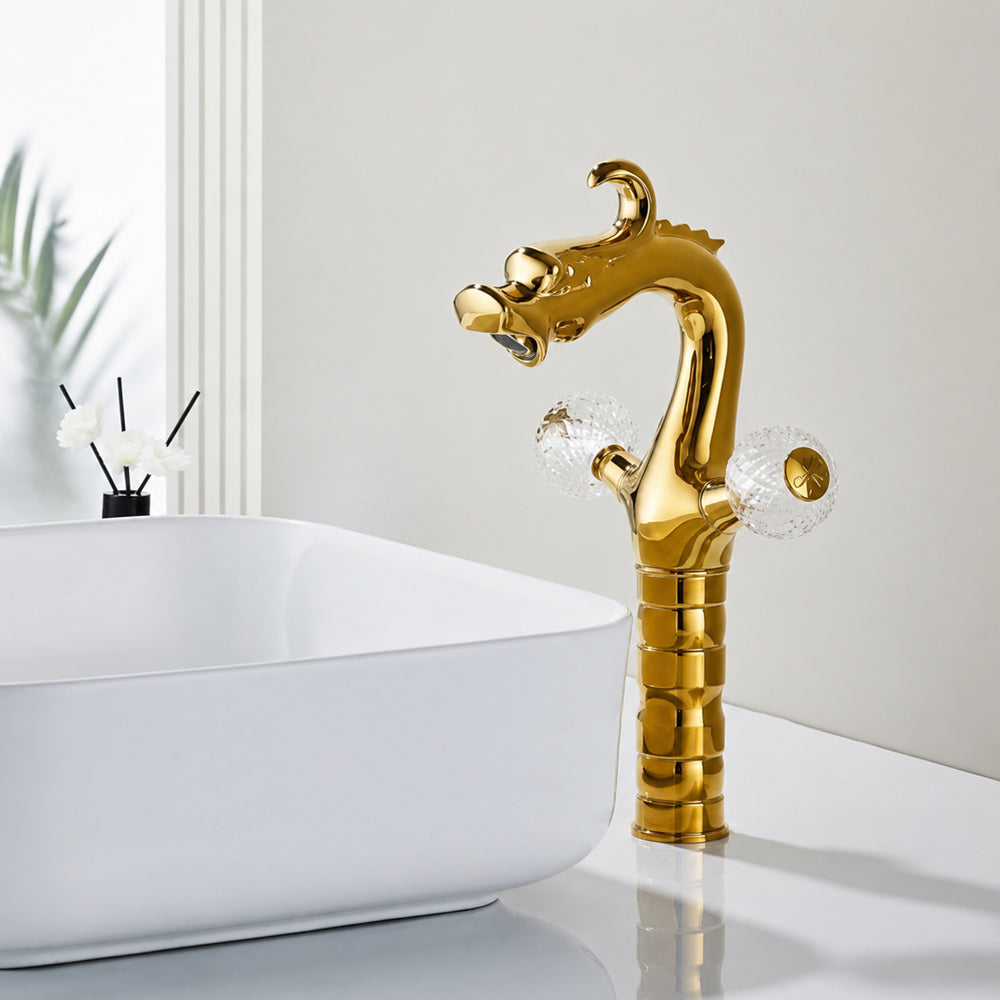 Polished Gold Dragon Bathroom Faucet, Single-Hole Double Crystal Knob Handle Faucet