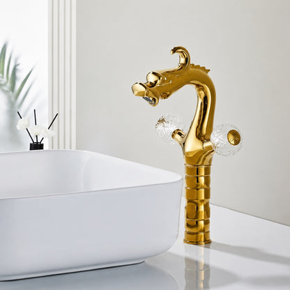 Polished Gold Dragon Bathroom Faucet, Single-Hole Double Crystal Knob Handle Faucet