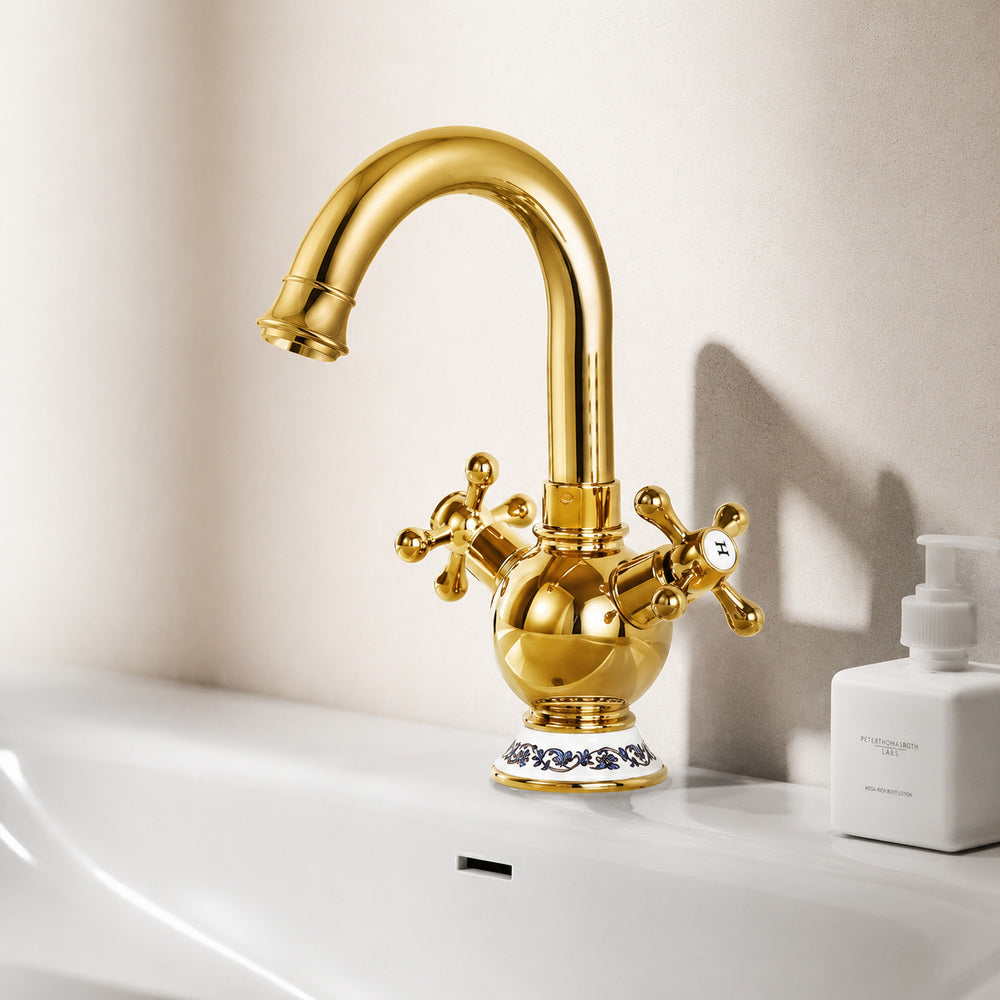 Vintage Swivel Spout Bathroom Faucet, Single-Hole Dual Cross Handle Faucet with Ceramic Base, Polished Gold / Antique Brass