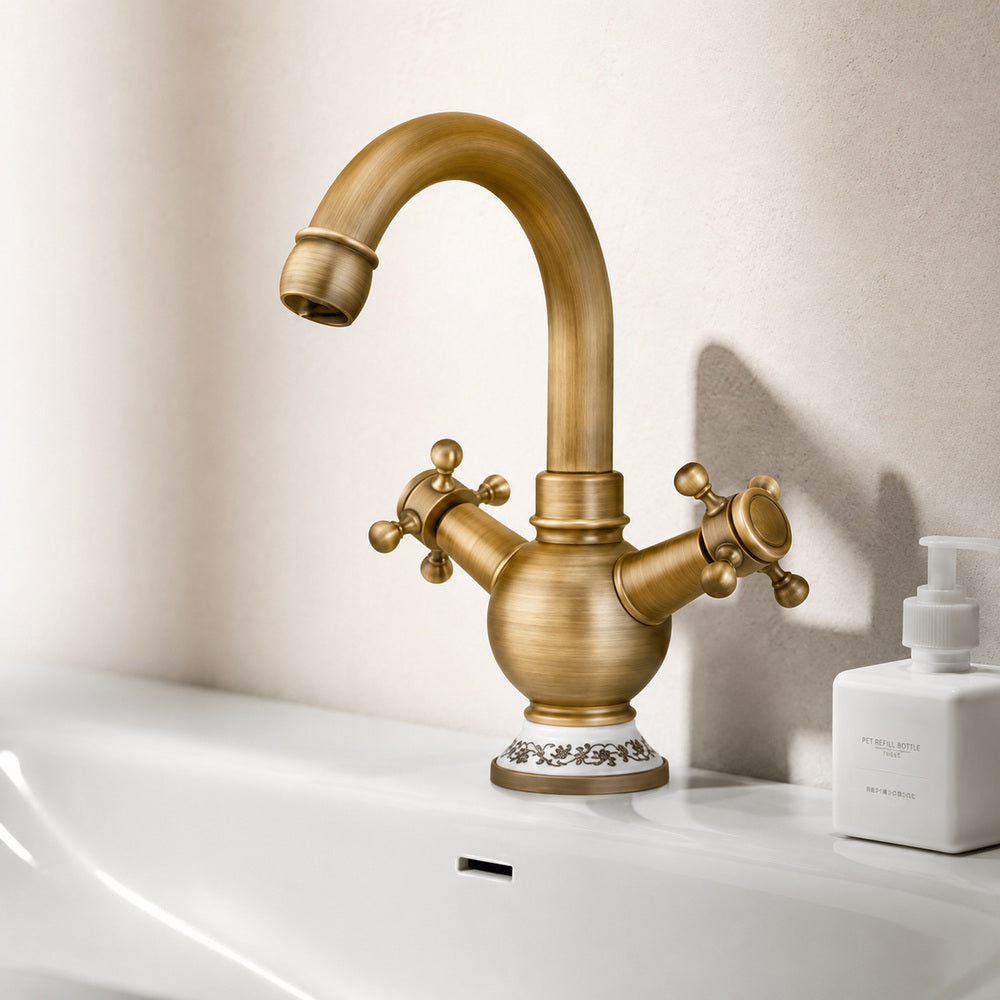 Vintage Swivel Spout Bathroom Faucet, Single-Hole Dual Cross Handle Faucet with Ceramic Base, Polished Gold / Antique Brass