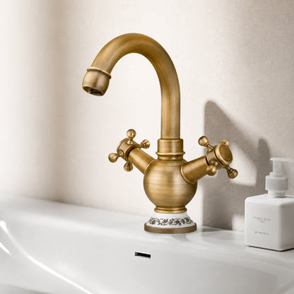 Vintage Swivel Spout Bathroom Faucet, Single-Hole Dual Cross Handle Faucet with Ceramic Base, Polished Gold / Antique Brass