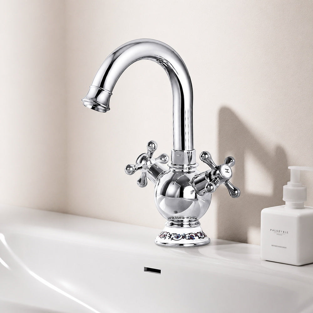 Vintage Swivel Spout Bathroom Faucet, Single-Hole Dual Cross Handle Faucet with Ceramic Base, Polished Gold / Antique Brass