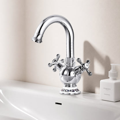 Vintage Swivel Spout Bathroom Faucet, Single-Hole Dual Cross Handle Faucet with Ceramic Base, Polished Gold / Antique Brass