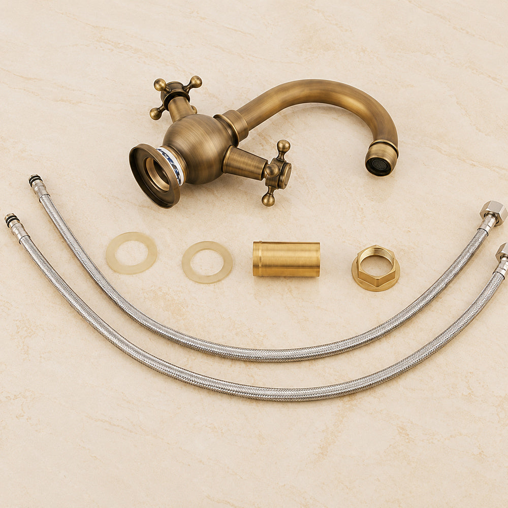 Vintage Swivel Spout Bathroom Faucet, Single-Hole Dual Cross Handle Faucet with Ceramic Base, Polished Gold / Antique Brass