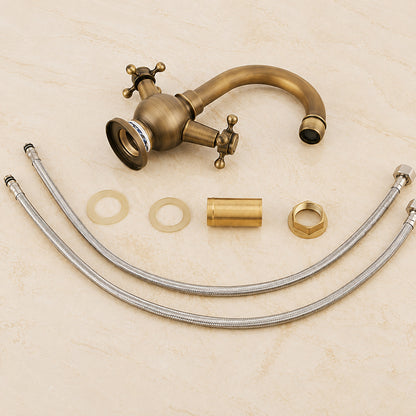 Vintage Swivel Spout Bathroom Faucet, Single-Hole Dual Cross Handle Faucet with Ceramic Base, Polished Gold / Antique Brass