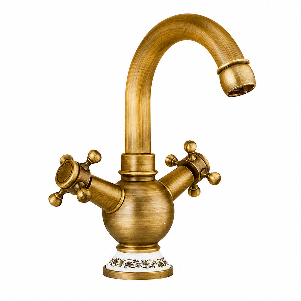 Vintage Swivel Spout Bathroom Faucet, Single-Hole Dual Cross Handle Faucet with Ceramic Base, Polished Gold / Antique Brass