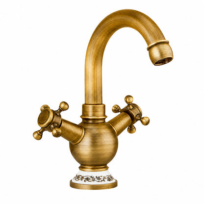 Vintage Swivel Spout Bathroom Faucet, Single-Hole Dual Cross Handle Faucet with Ceramic Base, Polished Gold / Antique Brass