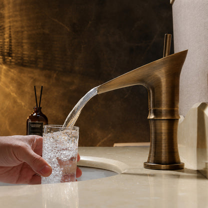 Waterfall Antique Brass Bathroom Sink Faucet, Single-Handle Single-Hole Faucet
