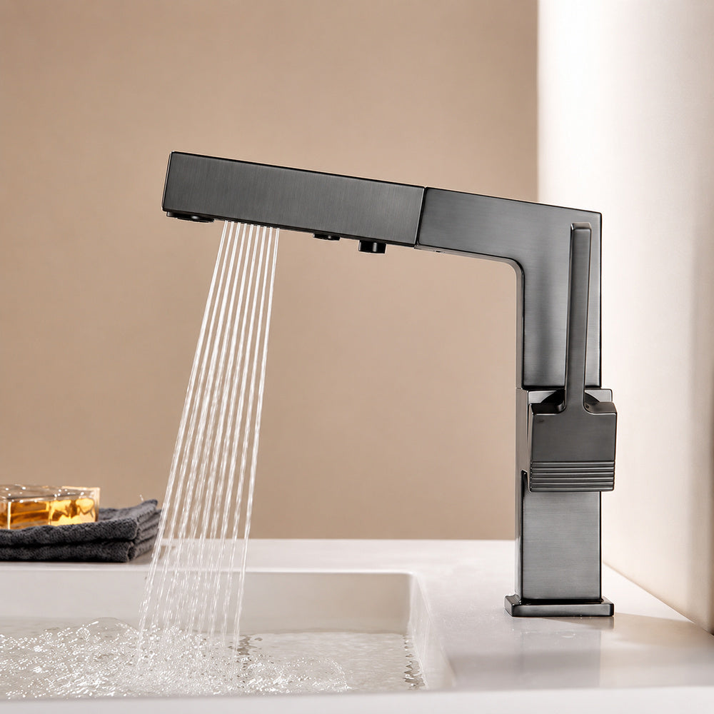 Modern Pull-Out Bathroom Faucet, Single-Handle Brass Sink Faucet, Chrome / Matte Black / Matte White / Gunmetal