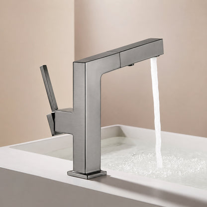 Modern Pull-Out Bathroom Faucet, Single-Handle Brass Sink Faucet, Chrome / Matte Black / Matte White / Gunmetal