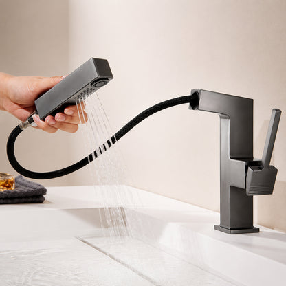 Modern Pull-Out Bathroom Faucet, Single-Handle Brass Sink Faucet, Chrome / Matte Black / Matte White / Gunmetal