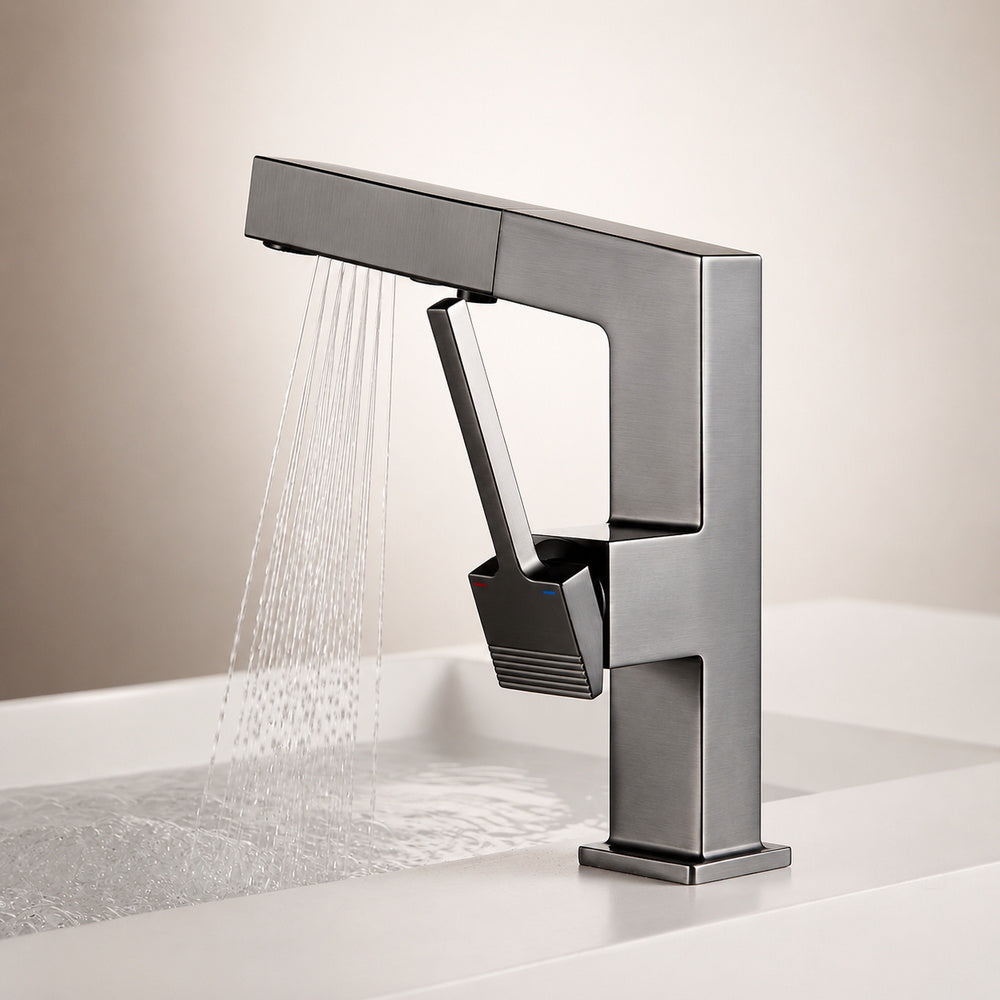 Modern Pull-Out Bathroom Faucet, Single-Handle Brass Sink Faucet, Chrome / Matte Black / Matte White / Gunmetal