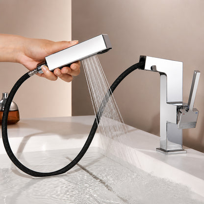 Modern Pull-Out Bathroom Faucet, Single-Handle Brass Sink Faucet, Chrome / Matte Black / Matte White / Gunmetal