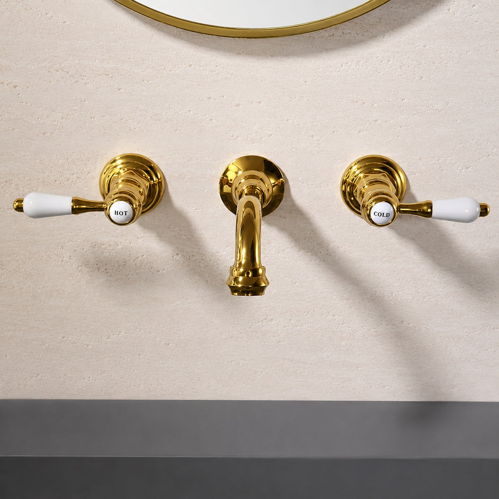 Vintage Wall-Mount Bathroom Faucet, 3-Hole Widespread Dual-Handle Faucet, Polished Gold / Chrome