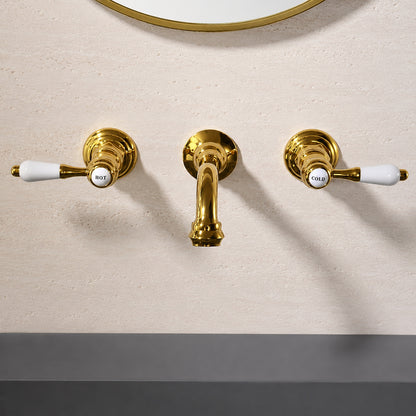 Vintage Wall-Mount Bathroom Faucet, 3-Hole Widespread Dual-Handle Faucet, Polished Gold / Chrome