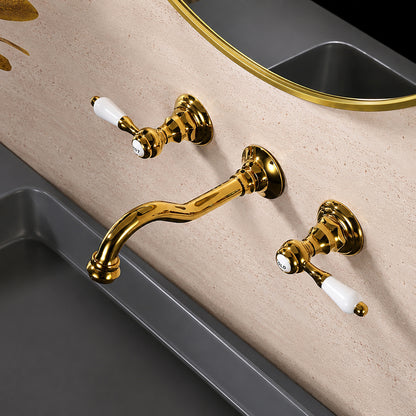 Vintage Wall-Mount Bathroom Faucet, 3-Hole Widespread Dual-Handle Faucet, Polished Gold / Chrome